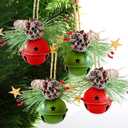 4 Pack Christmas Hanging Jingle Bells Ornaments, Red and Green 3.5 Inch Metal Bells with Frosted Pinecones, Snowy Pine Leaves and Berries, Rustic Xmas Decorations for Tree, Door, Fireplace Party Dcor