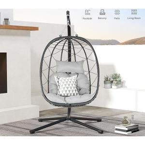 DWVO Egg Hanging Swing Chair with Stand Egg Chair Wicker Egg Chair with Cushions 330lbs for Patio, Bedroom, Garden and Balcony, Gray