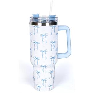 Whaline 40 Oz Blue Bow Tumbler with Handle Straw and Lid Bow-Knot Travel Coffee Tumbler Cup for Women Friend Holiday Birthday