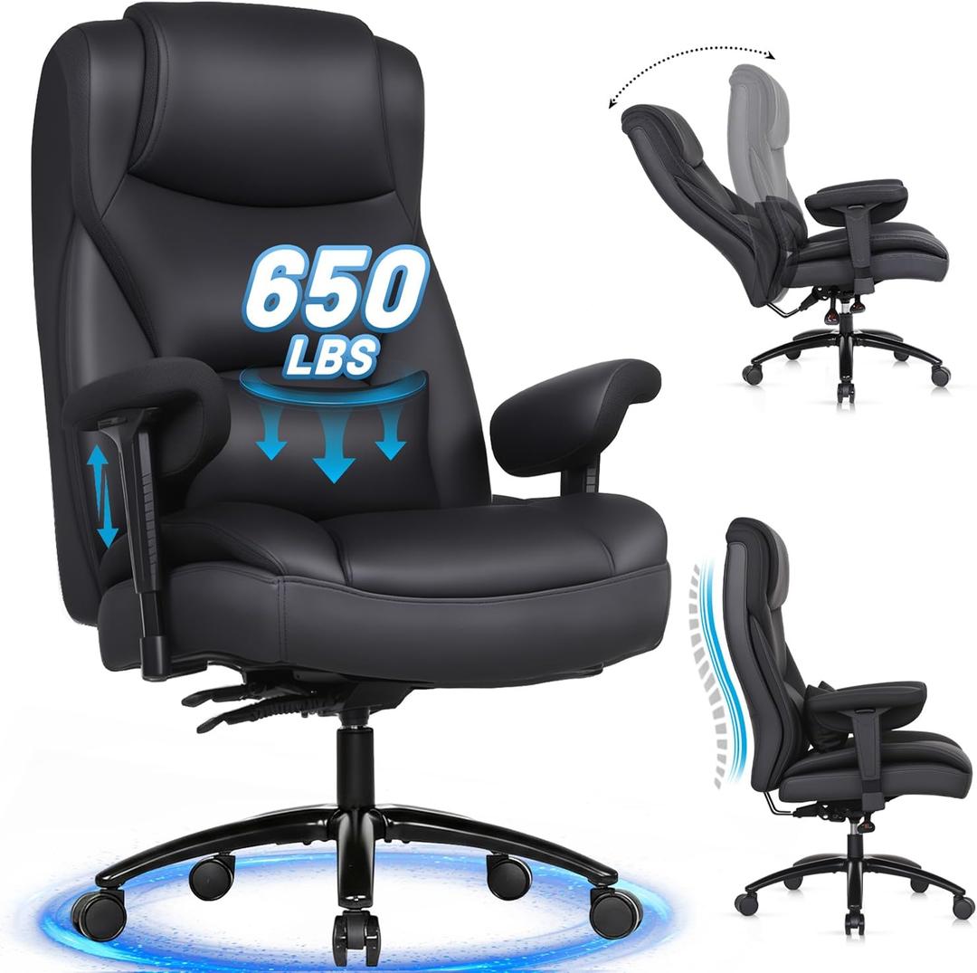 Big and Tall Office Desk Chair with 5-Position Armrests, 650 LBS Heavy Duty Executive Office Chair Comfy, Extra Wide Seat, High Back Computer Chair with Lumbar Support, Reclining Tilt Lock (Black)
