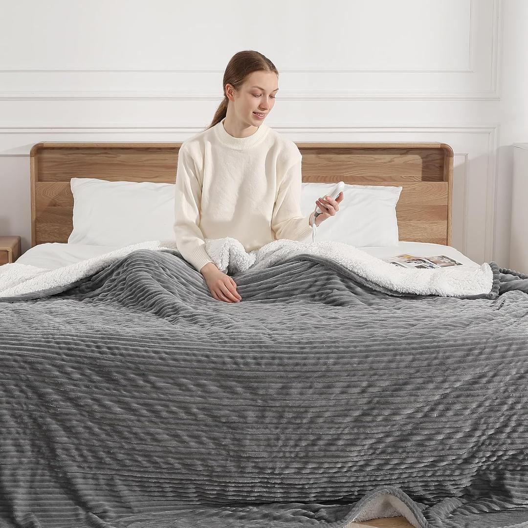 Electric Blanket Full Heated Blanket Full Size - Striped Flannel & Thick Sherpa, 5 Heat Settings & 10 Hour Auto Off with FCC/ETL Certified, Overheat Protection & Machine Washable, Light Grey 72"x84"
