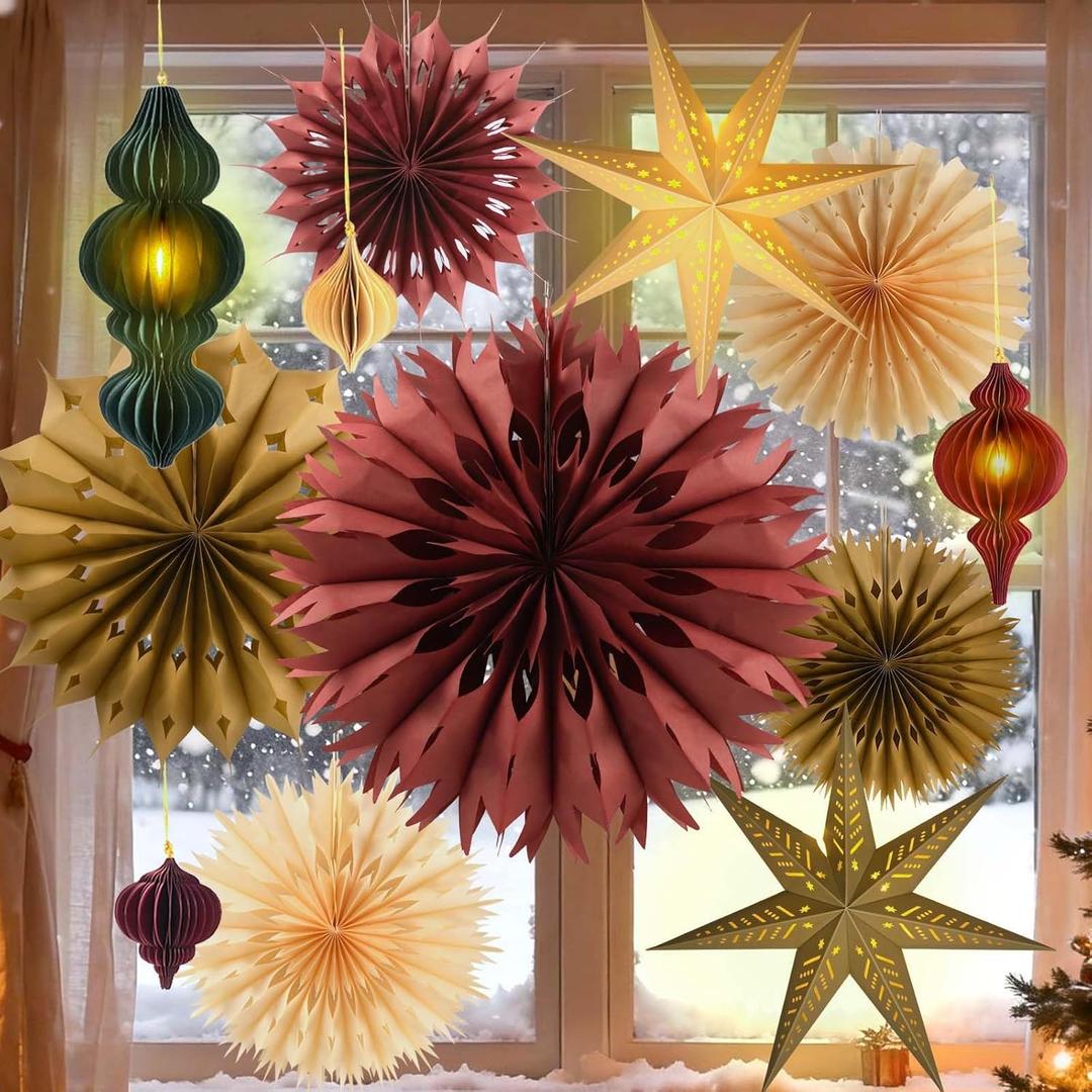 Christmas Hanging Decorations Set, 3D Paper Star Lanterns with Lights Paper Honeycomb Ornaments Snowflake Fans Decorative Hanging Ornamnets for Xmas Tree Frozen Winter Wonderland Holiday Party Decor (Coloful)