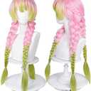 LABEAUTÉ Max Beauty Anime Pink and Green Wig for Mitsuri Cosplay Braided Hair Wig with Pigtails Halloween Party + Cap