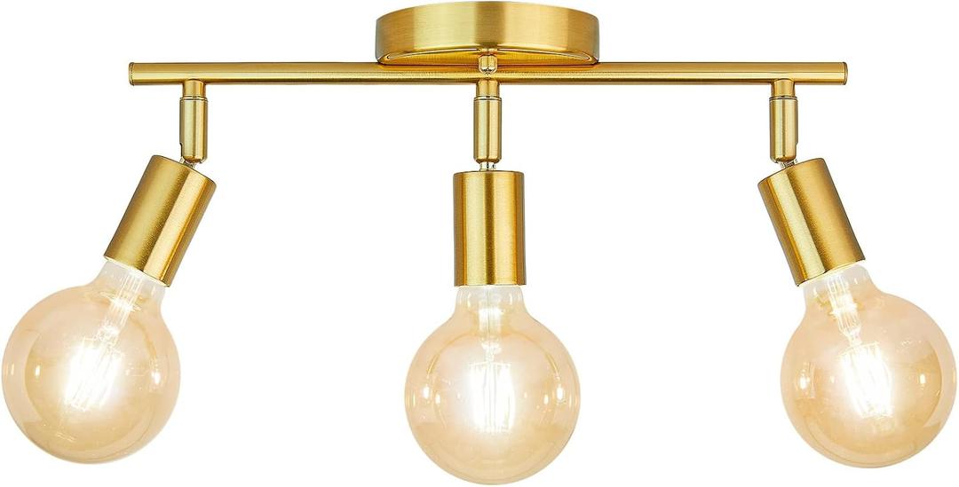 3-Lights Track Lighting Fixtures, Flush Mount Gold Ceiling Light Kit, Ceiling Spotlight with Adjustable E26 Light Heads, Complete Track Lights for Counter or Studio, Bulbs not Included
