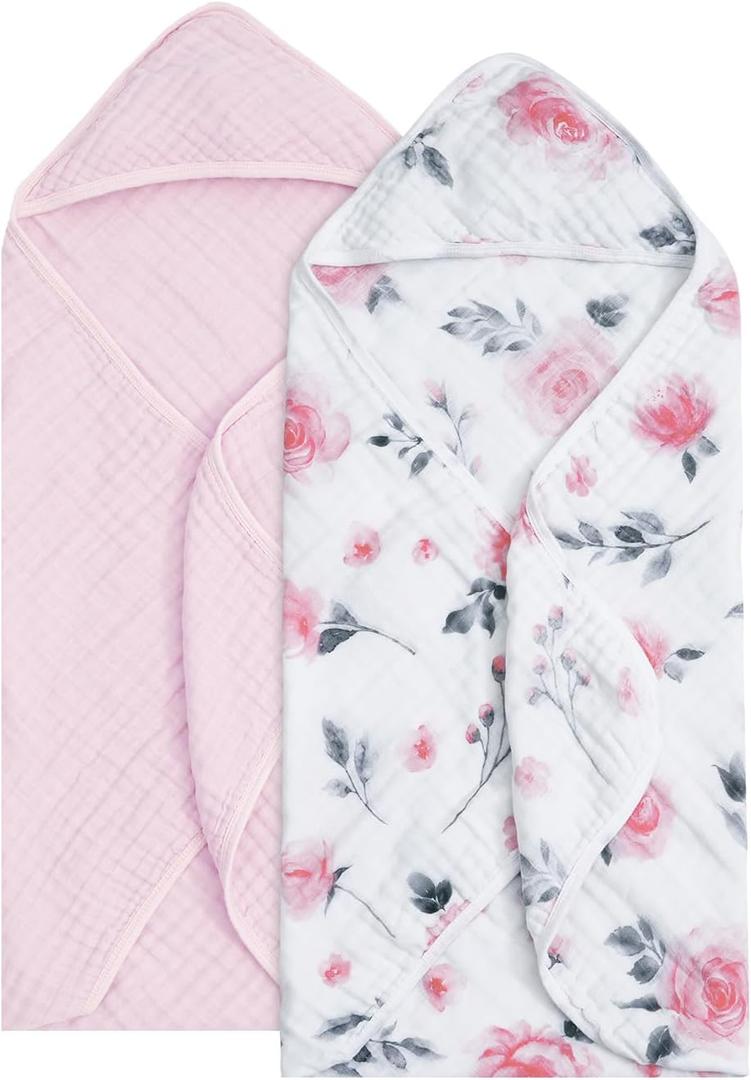 david's kids 2 Pack Hooded Baby Towels, 100% Muslin Cotton 6-Layer Ultra Soft Breathable Absorbent Baby Bath Towels for Infant and Toddler, Newborn Essentials, Large 32x32Inch, Floral
