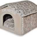 Best Pet Supplies Cat Bed for Indoor Cat, Domed Tent House with Removable Pillow, Covered Cat Cave for Small Dog, Puppies and All Breeds of Cats - Light Brown w/ Bones, 16 x 16 x H:14"