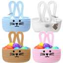 FoldTier 4 Pack Easter Basket Woven Bunny Baskets with Name Tag Gift Bunny Eggs Hunt Buckets Rustic Rabbit Cotton Rope Tote for Baby's First Easter Cute Candy Basket for Baby Toddler Boys Girls