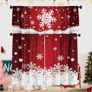 SUNWISHA Christmas Curtain Valances Set 52x18 & 36x26 inch Dreamy Red Snowflake Valance Holiday Inspired Decor for Winter Homes/Kitchen/Bedroom
