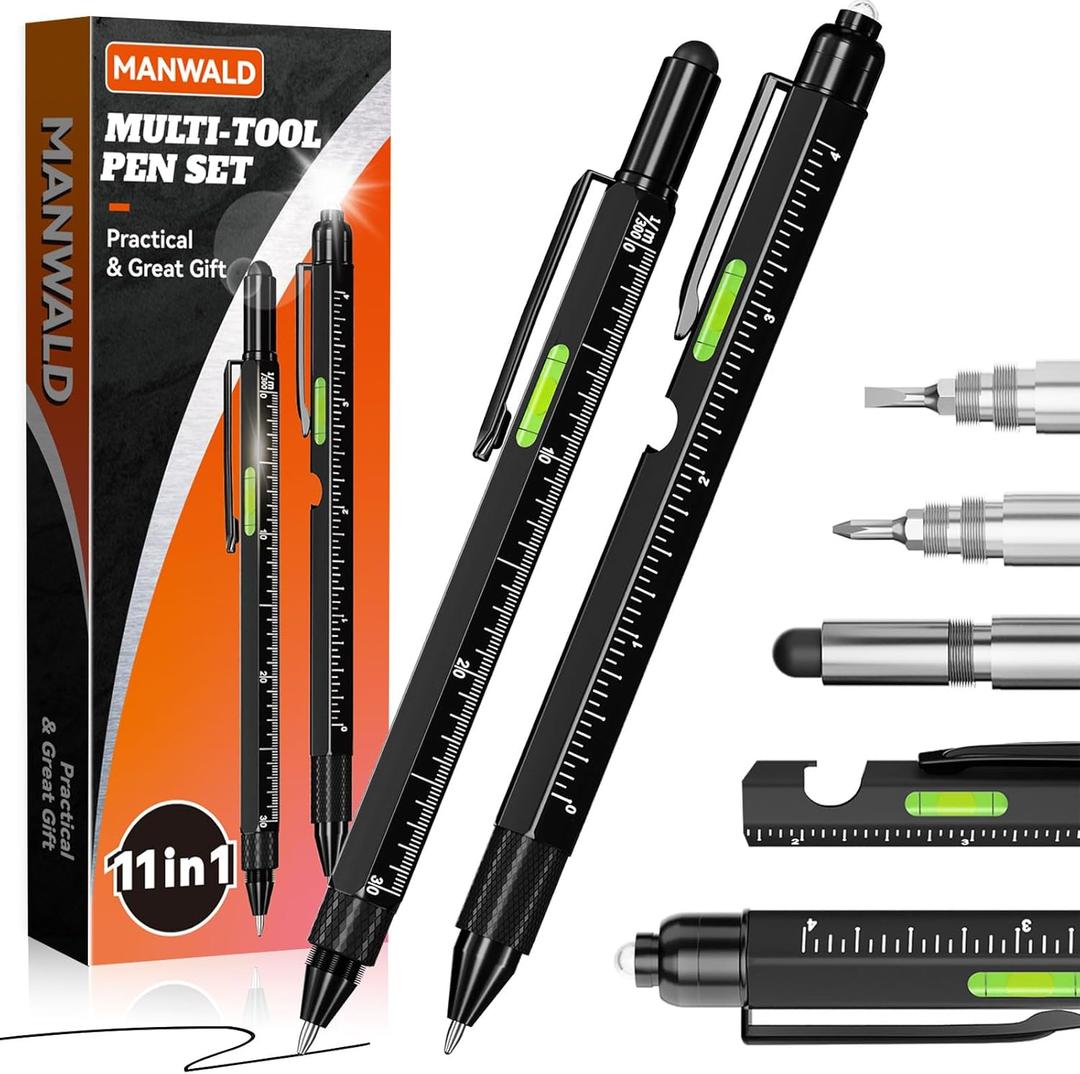 11-in-1 Multitool Pen Set with LED Light, Flathead & Phillips Screwdrivers, Level, Ruler, Bottle Opener, and Stylus, Christmas Stocking Stuffers for Men Adults, Gifts for Him, Husband, Black (Orange)