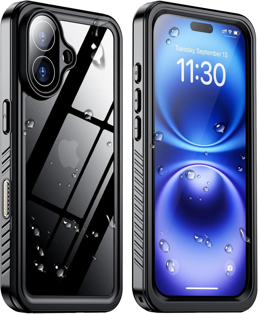 2025 New Designed for iPhone 16 Case Waterproof, [Built-in Screen Protector & Glass Camera Protector][Full Body Shockproof][IP68 Underwater][Dustproof][Dropproof] Phone Case for iPhone 16 6.1" (Black/Clear)