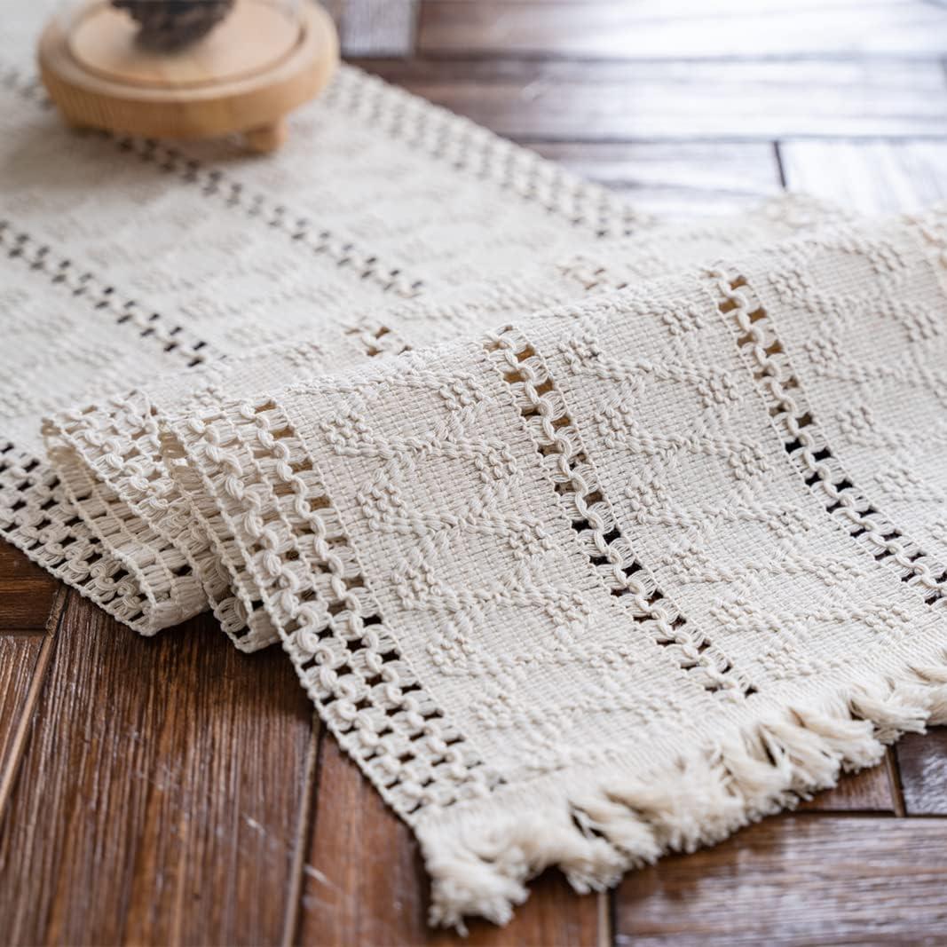 Alynsehom Macrame Table Runner Cream Beige Boho Table Runners with Tassels Hand Woven Cotton Table Runner Rustic Farmhouse Table Runners for Bohemian Kitchen Dining Table(12x95in)