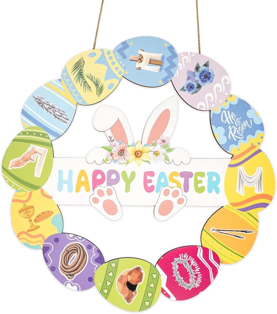 Religious Easter Door Wreath with 12 Faith Symbols Eggs, Easter Wreaths For Front Door, Christian Bunny Sign, Wooden Spring Hanging Decor for Front Porch, Entryway Wall, Holiday Home Decoration