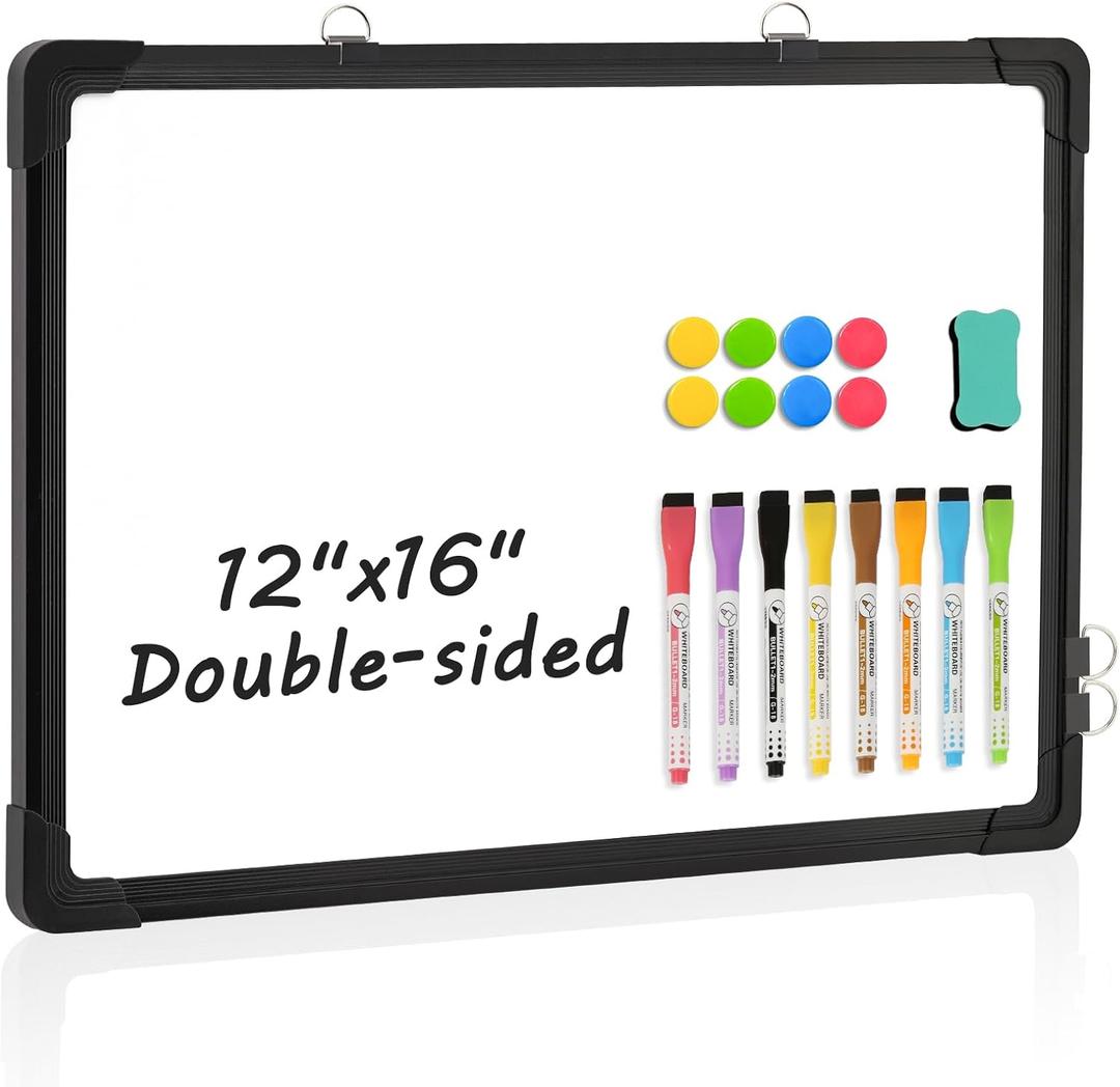 Double-Sided White Board, 12" x 16" Dry Erase Board Small Whiteboard for Wall Black Frame Portable Magnetic Hanging White Board Dry Erase for College Dorm Room, School, Home, Office