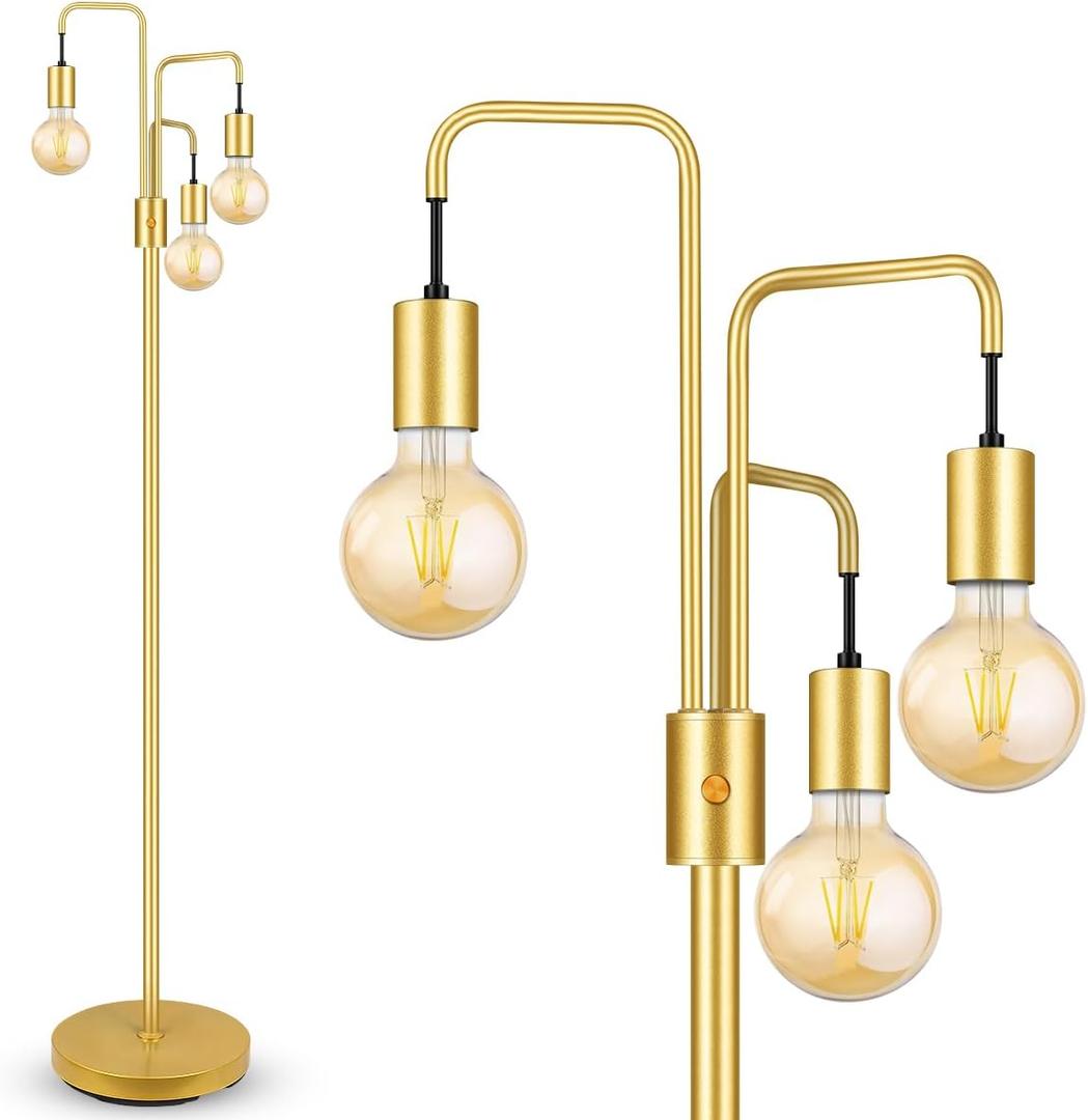 BoostArea Industrial Floor Lamp for Living Room,Gold Modern Standing Lamp Stand Up Lamp with 3 Light, Bulbs Not Included,Simple Design Floor Lamp for Bedroom, Living Room, Office, Kids Room, Reading