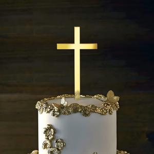 Acrylic Gold Mirror Cross Cake Topper, Baby Shower Baptist Cake Decoration Holy Communion Christening Cross Cake Side Decoration Party Decoration Props Supplies