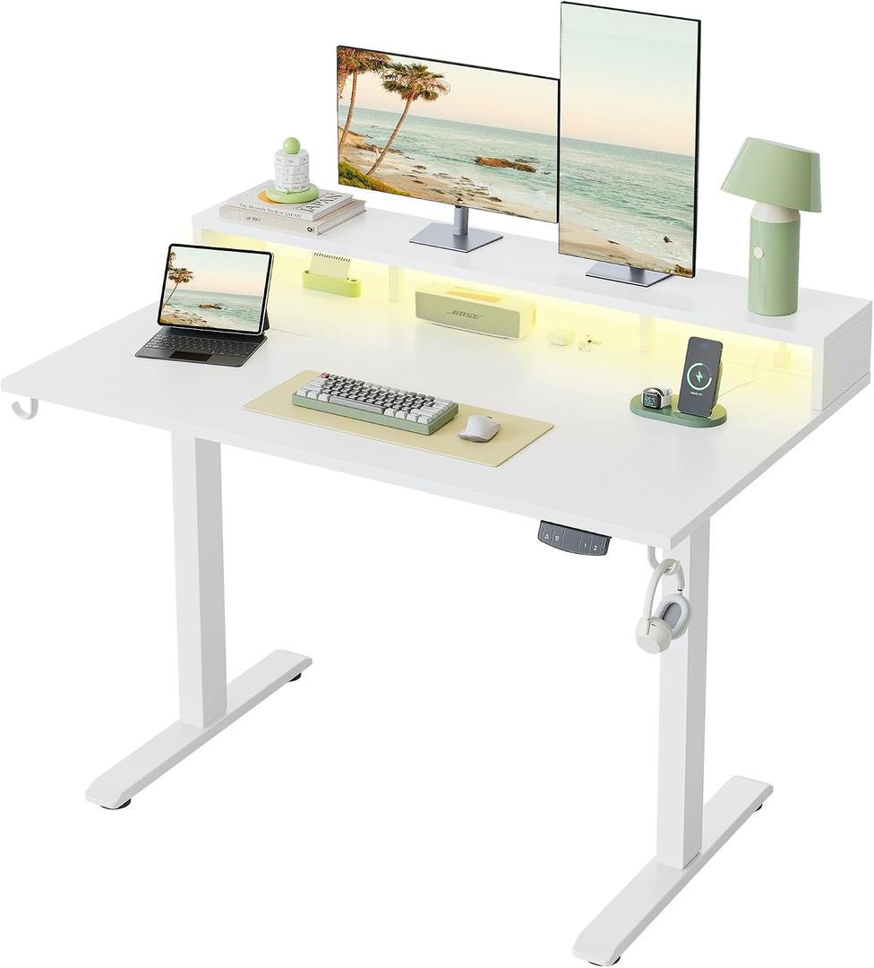 Klicelor Electric Standing Desk with Shelf, 48 Inch Height Adjustable Desk with Power Outlets & LED, Sit Stand Up Table with Monitor Stand, Computer Workstation for Home Office, White, 48 x 24 Inch with shelf, led and power strips