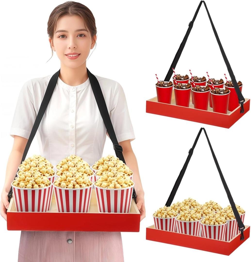 yeesport 2 Pcs Wooden Snack Trays with Straps, Handheld Serving Trays with Adjustable Shoulder Straps, Movie Popcorn Beverage Carriers, Vintage Red Drinking Holders for Parties and Picnics