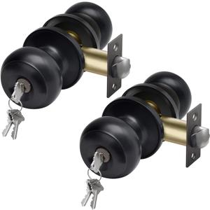 CML Hardware Entry Door Knob with Lock and Key, Keyed Different, Exterior Door Lock Sets for Front/Back Door, Round Ball Handle, Matte Black, 2 Pack