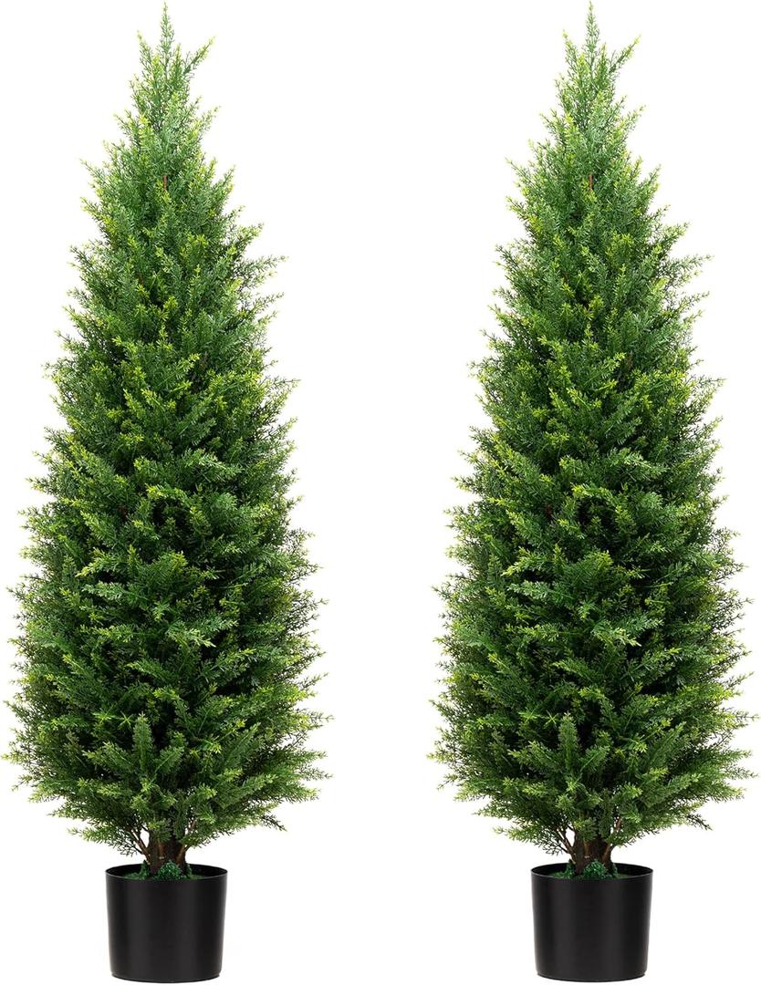4FT Artificial Cedar Topiary Trees UV Resistant Potted Plant Set of 2 Faux Pine Trees Fake Shrubs Artificial Plants for Front Porch Garden Indoor Outdoor (Green)