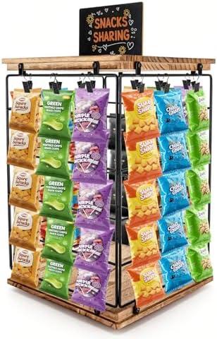 Aubeco Chip Rack Display Stand, 5 Tiers 60 Adjustable Clips Chip Holder, 360°Rotating Wooden Base Snack Organizer for Concession Stand, Retail, Countertop, Party, with Message Board