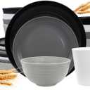 LIYH 16 Pcs Plastic Wheat Straw Dinnerware Sets for 4 - Plates and Bowls Sets Reusable Tableware Dish Set for 4 Include Wheat Straw Plates Bowls Cups Microwave Dishwasher Safe (White Black Gray Light Gray)