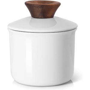 DOWAN Butter Crock for Counter, French Butter Keeper Crock with Water, Ceramic Airtight Butter Dish with Wood Knob Lid for Soft Butter, Soft White
