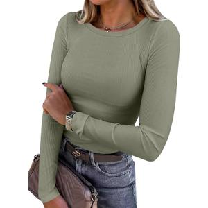 Women Long Sleeve Crewneck Rib Knit Slim Fit Shirts Basic Tee Tops 2024 Casual T-Shirt Going Out Workout Outfits (Large)