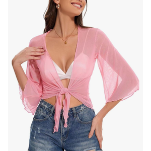 Women's Short Cardigan Bolero Shrug Sheer Tie Front Top 3/4 Sleeve Jacket for Dress