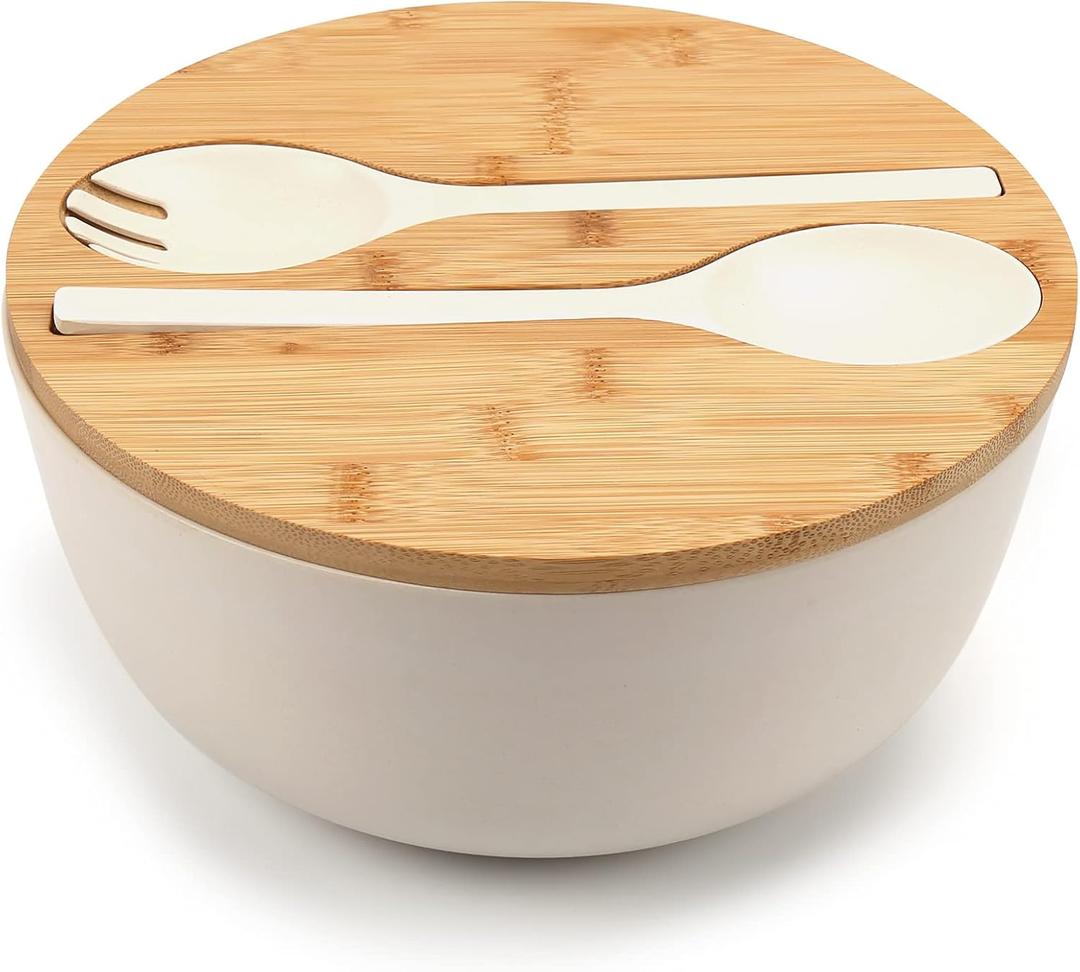 ShineMe Large Salad Bowl with Lid, Bamboo Fiber Salad Serving Bowl Set with Utensils, 9.8inches Mixing Bowl with Servers, Solid Bamboo Wooden Bowl for Candy, Salad, Fruits, Vegetables and Pasta(White)
