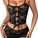 Verdusa Women's Floral Lace 2 Piece Outfits Tie Front Crop Cami Top with Mini Shorts (Medium, Black)