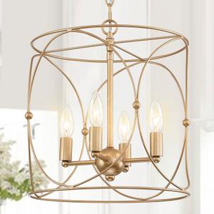 Untrammelife 4-Light Gold Chandelier, Modern 13.4" Drum Cage Pendant Light, Adjustable Height Ceiling Light Fixture for Kitchen Island, Dining Room, Living Room & Bedroom, Farmhouse Warm Glow Lighting (Rose Gold)