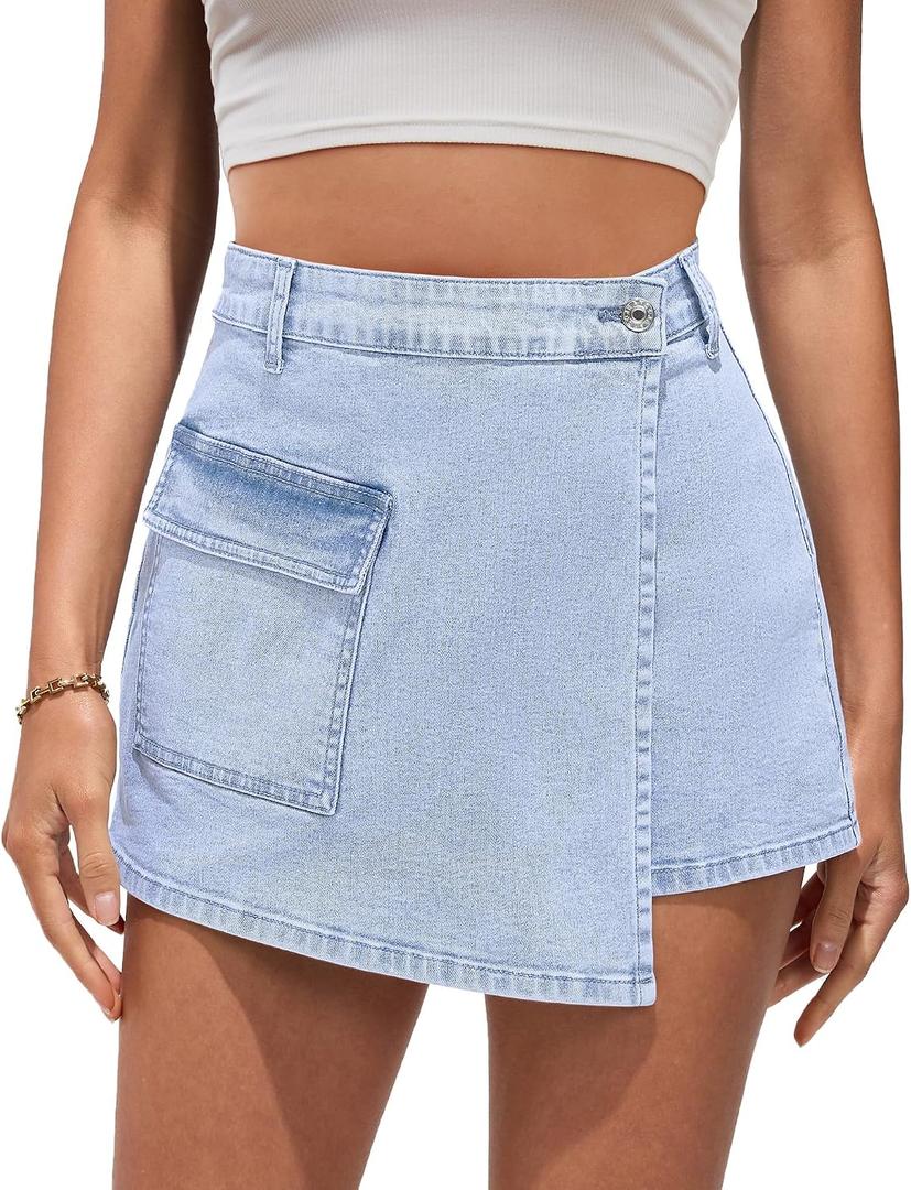 luvamia Denim Skorts for Woman Cargo Faux Wrap Jean Skort Skirts Stretchy High Waisted Skirt Shorts Country Concert Wear (L)