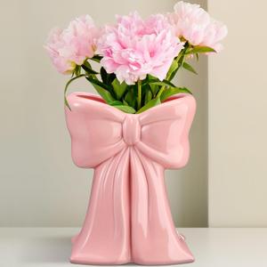 Coquette Vase Bow Ceramic Vase Pen Holder Makeup Brush Holder Contemporary Design Decorative Women Gifts for Home Office Shelf Table Living Room(Soft Pink,Slim)