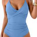 B2prity Women's One Piece Swimsuits Tummy Control Front Cross Bathing Suits Tie Back Slimming V Neck Swimwear (Large, Baby Blue)