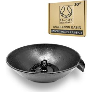 U-nitt 10" Spill Bowl Downspout Catch Basin for Rain Chain Anchoring & Stake | Rainwater Collection for Roof | Gutter Catch Basin | Good for Water Fountain & Birdbath | Black | Handles Heavy Rain
