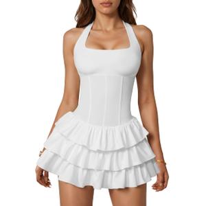 XXTAXN Women's Sexy Halter Neck Sleeveless Corest Ruffle Hem Y2k Party A Line Mini Dress with in Shorts White (White, XL)