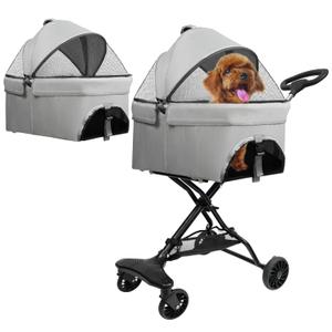 Folding Dog Stroller with 2-Level Adjustable Handle, 4 Wheels Travel for Dogs and Cats Up to 55 lbs, with Soft Pad, Detachable Pet Basket (Gray)
