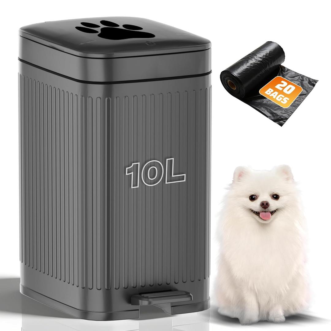 Dog Poop Trash Can Outside, 2.7Gal Dog Waste Trash Can with Lid, Foot Pedal, Dog Waste Container with 20 Bags, Pet Poop Bucket with Soft Close for Backyard Odor Control, Grey