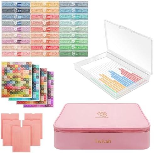 Twivah 27 Pcs Diamond Art Storage with Bag, 2-in-1 Diamond Art Trays Container with Lids, Diamond Painting Accessories with Color Sticks, Diamond Art Kits for Adults & Kids Christmas, Birthday (Pink)