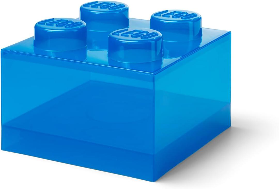 LEGO Storage Brick 4 Knobs Translucent Blue - Stackable Plastic Storage Box with Lid for Kids and Adults Desk Organizer and Toy Box