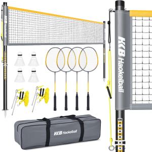 Haokelball Outdoor Badminton Net Set with Anti-Sag Winch System - 20ft Badminton Net, 4 Rackets, 3 Shuttlecocks & Carry Bag, Badminton Set for Backyard, Grass, Beach, Holiday Games