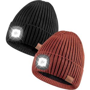 Beanie with Light for Men 2 Pack, Hat with Light Built in Rechargeable Winter Warm Knitted Headlamp Caps, Gift for Men Dads Husband Led Beanie Hats with Light(Black&Dark Orange)