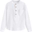Inorin Boys Linen Shirt Button Up Henley Long Sleeve Dress Shirts Cotton Lightweight Tees Tops with One Pocket (11-12 Years, White)