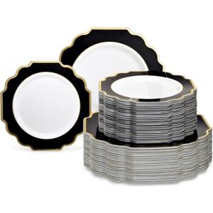 " OCCASIONS " 120 Plates Pack,(60 Guests) Heavyweight Premium Wedding Party Disposable Plastic Plates Set -60 x 10.5'' Dinner + 60 x 8'' Salad/Dessert (Imperial in Black & Gold), 120 Piece