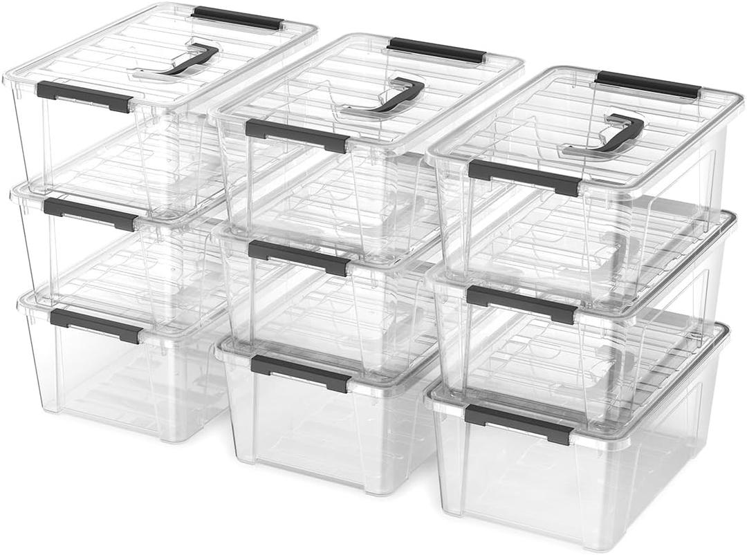 Clear 9-Pack Plastic Storage Bins with Lids, 6 Quart Stackable Containers Organization with Latch Buckle