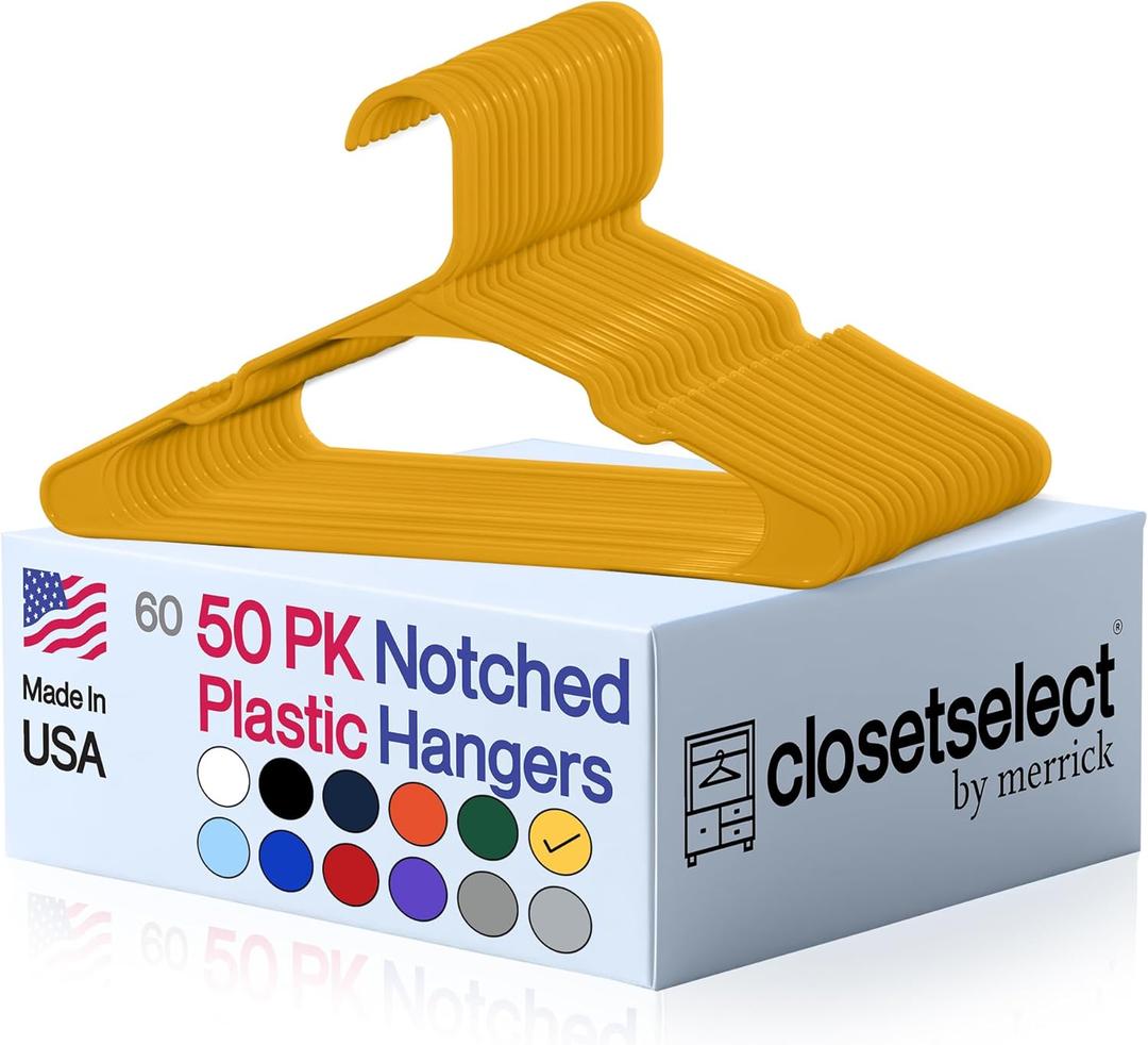 Plastic Hangers 50 Pack, Strong Space Saving Clothes Hanger, Made in USA, Perfect Shirt or Coat Plastic Hanger, with Shoulder Grooves, Scoreboard Yellow, Notched