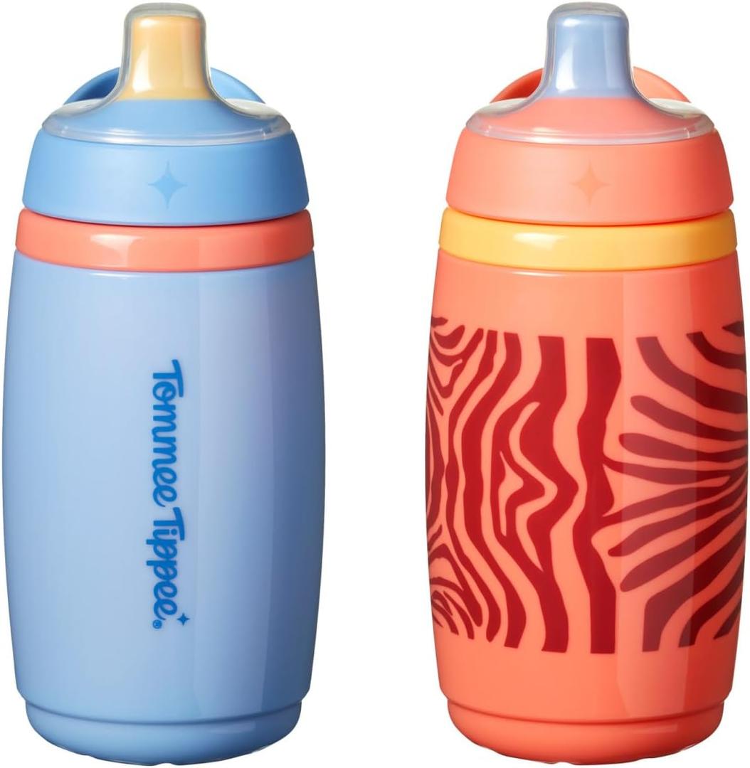 Tommee Tippee Active Spout Toddler Cups, 9 oz, Insulated Sippy Cups For Toddlers 1-3, Silicone Spout, Leak-Proof Valve and Handle, Orange and Blue, Pack of 2