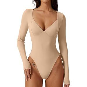 KKP Women's One Piece Slim Top Long Sleeve Bodysuit V Neck Seamed Going Out Tops Shirt