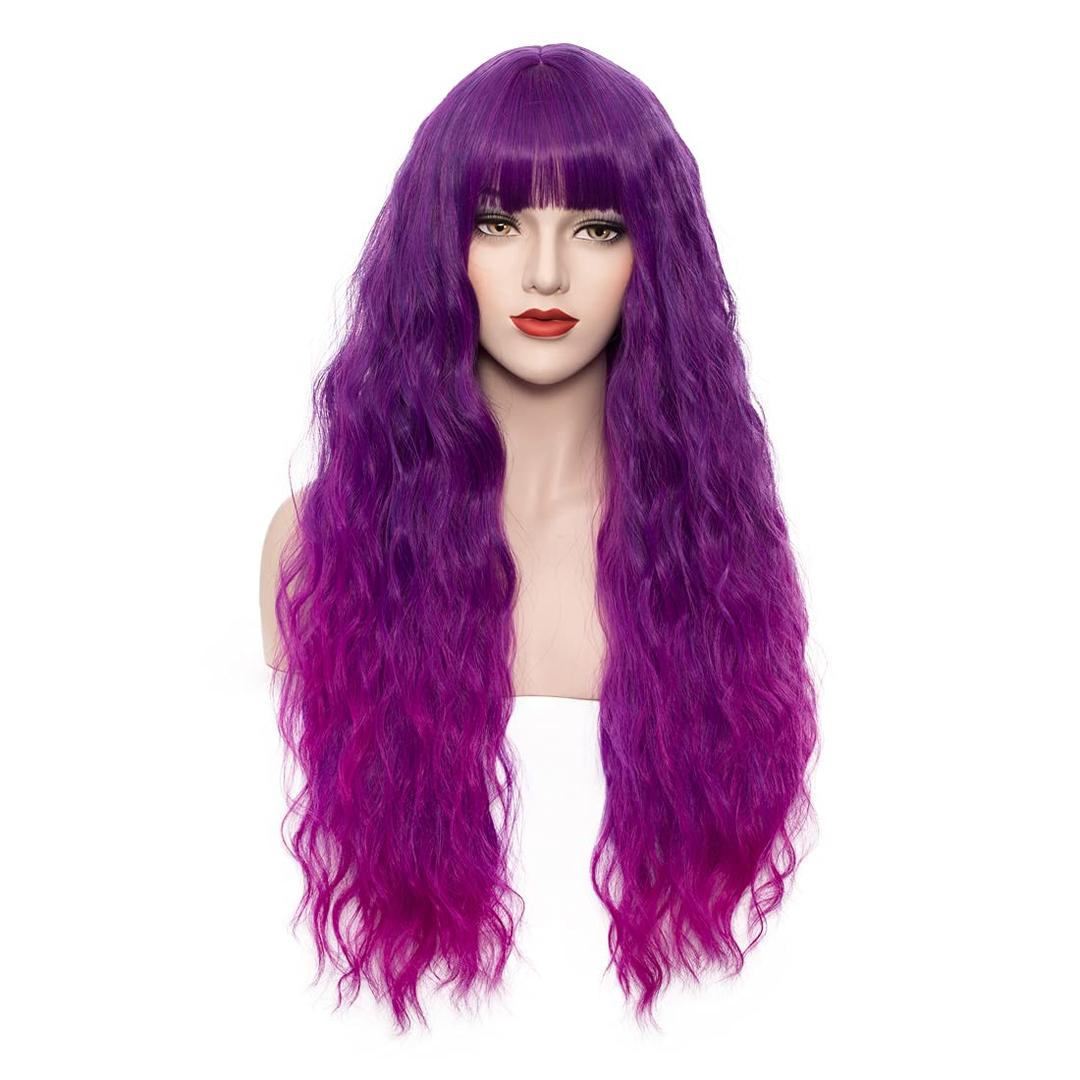 Women's Bright Purple Ombre Wig 27''Long Curly Wavy Wig Flat Bangs Wig For Women Girl Cosplay Party Halloween Wig Cap Included (27''Bright Purple Ombre-6501)