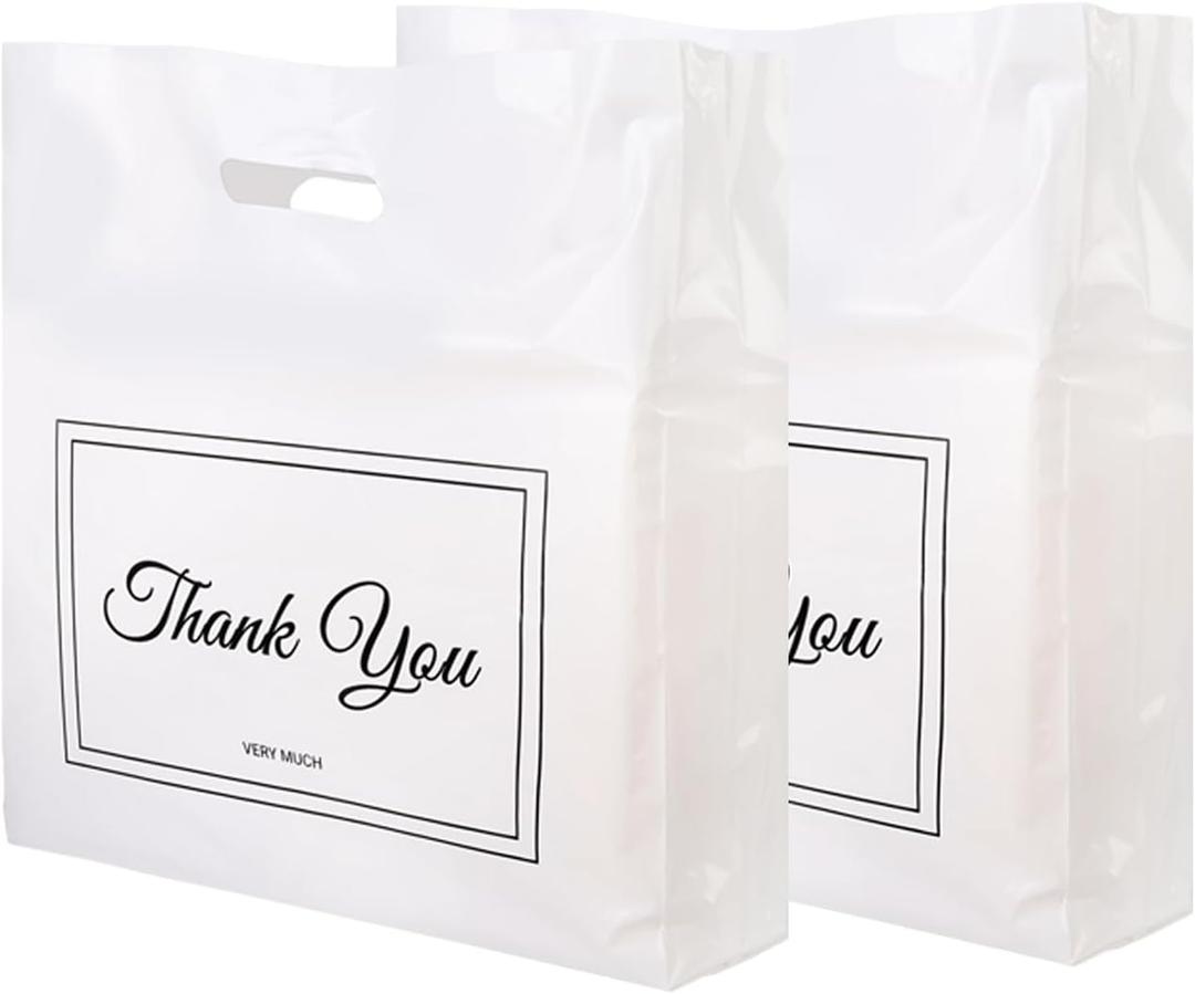 Belinlen 100Pcs 16x18 Inch Thank You Bags for Small Business Plastic Retail Shopping Bags for Stores, Boutique, Party, Gift, Clothes Reusable Plastic Thank You Bag (White, 2.36mil Thickness)